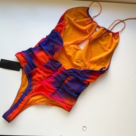 H:ours Revolve Bodysuit Lace Up Orange Blue Tie Dye Mesh Strappy Thong Top Small - Picture 8 of 13